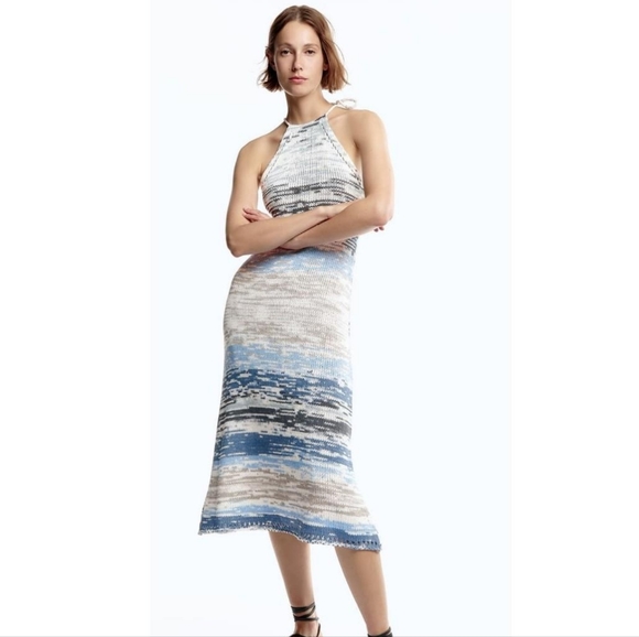 Zara Dresses Zara Knit Halter Dress In Blue And White Size S New